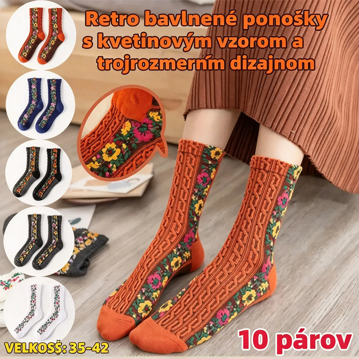【5 párov】Nové dlhé ponožky z bavlny s retro kvetinovým vzorom, ideálne na jeseň a zimu