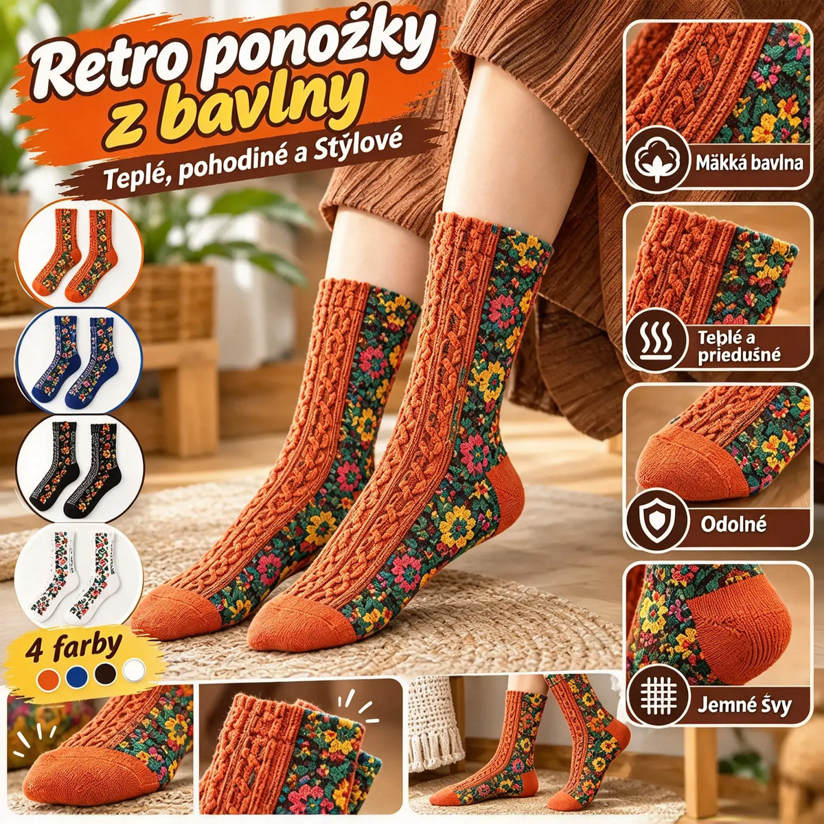 【5 párov】Nové dlhé ponožky z bavlny s retro kvetinovým vzorom, ideálne na jeseň a zimu
