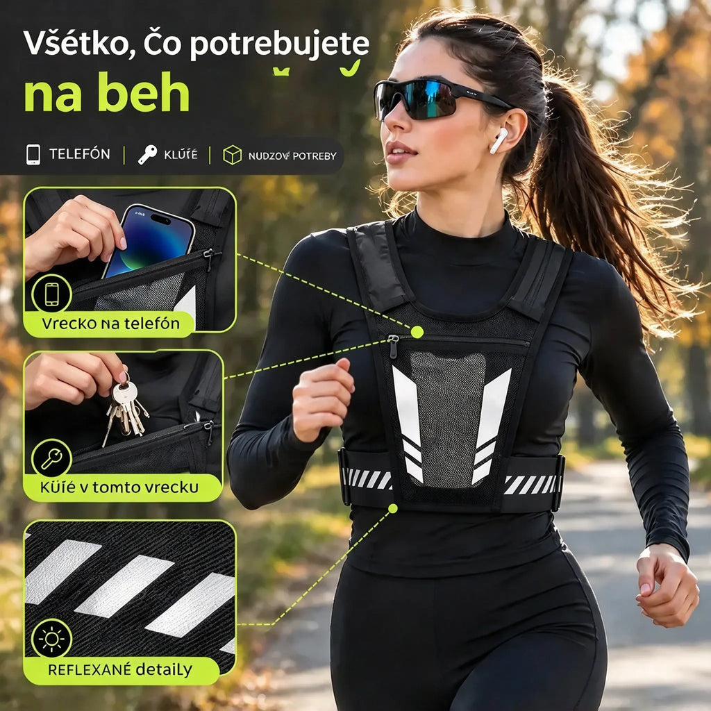 🏃 Bežecká a športová vesta s vreckom na hrudi · Vrecko na telefón so zipsom · Zadný držiak na fľašu s vodou · Reflexné prvky pre viditeľnosť v noci · Priedušná sieťovina a nastaviteľné popruhy!