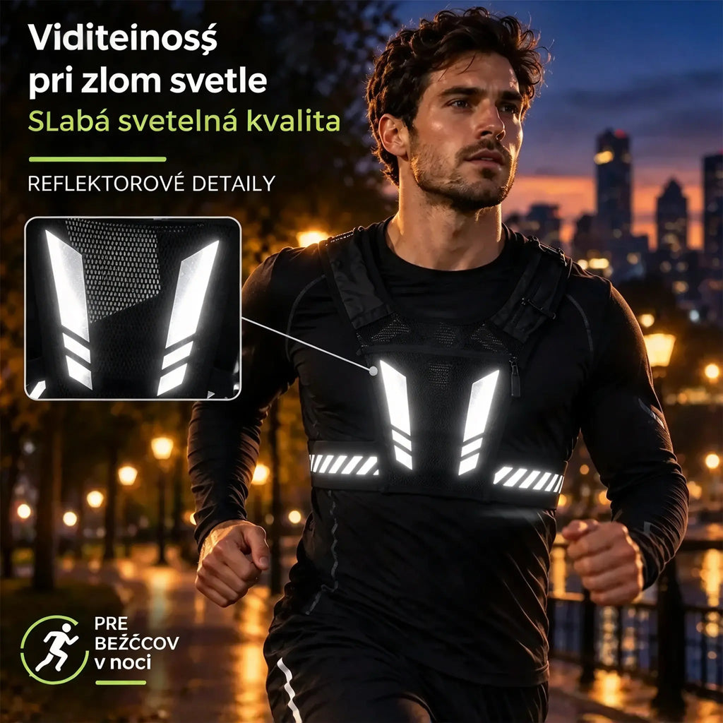 🏃 Bežecká a športová vesta s vreckom na hrudi · Vrecko na telefón so zipsom · Zadný držiak na fľašu s vodou · Reflexné prvky pre viditeľnosť v noci · Priedušná sieťovina a nastaviteľné popruhy!