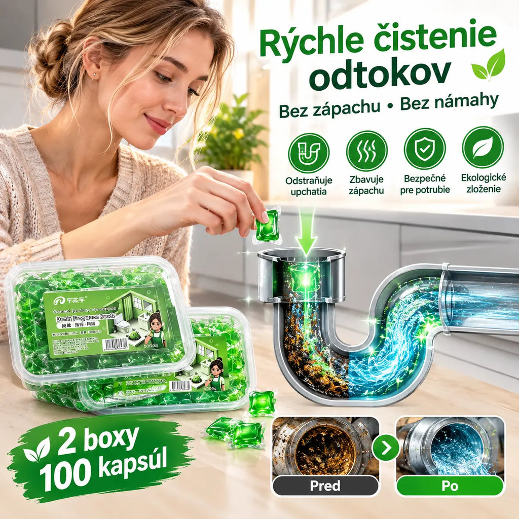 2 balenia (100 tabliet) za 22 eur. Vo vode rozpustné kapsuly na elimináciu zápachu z odtokov – dokonalé riešenie na zamedzenie šírenia zápachu v kúpeľniach a kuchyniach.