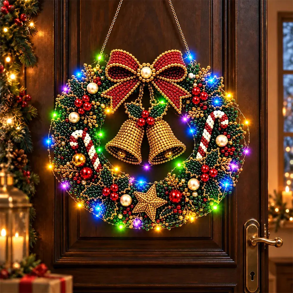 🎄💎 Vianočný veniec DIY s diamantmi, perlami a LED svetlami – 9 štýlov, akrylová doska, jednoduché tvorenie.