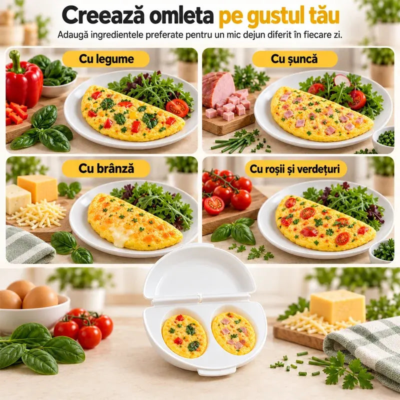🍳 Dokonalé raňajky za pár minút! Nádoba na prípravu omeliet v mikrovlnnej rúre 🥚 | 2 priehradky · Nepriľnavý materiál vhodný na styk s potravinami · Odnímateľné pánty pre jednoduché čistenie · Rýchla príprava bez potreby oleja