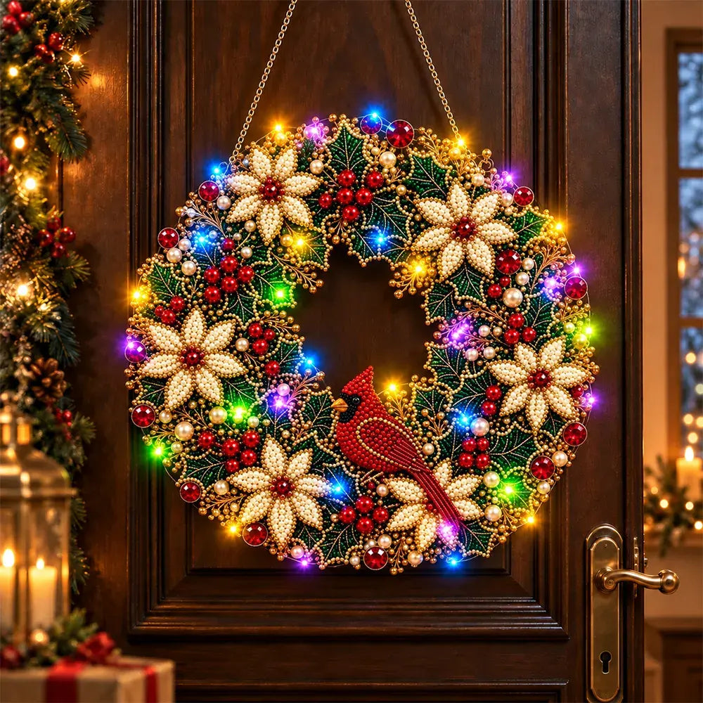 🎄💎 Vianočný veniec DIY s diamantmi, perlami a LED svetlami – 9 štýlov, akrylová doska, jednoduché tvorenie.
